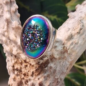 Starborn Creations Sterling Silver Rainbow Titanium Window Druzy Ring Size 9.75